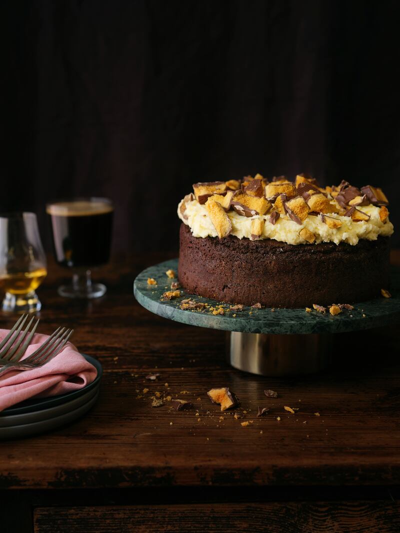 Chocolate stout cake with honeycomb whiskey frosting. Photograph: Joanne Murphy