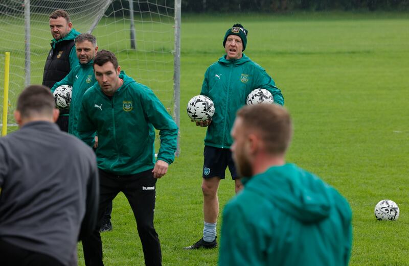 Usher Celtic manager Wes Doyle puts the players through their paces before the side play Bohemians on Monday night in the Leinster Senior Cup final. Photograph: Alan Betson/The Irish Times

