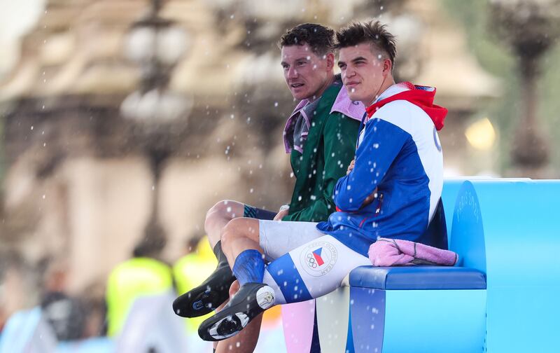 Ireland’s Ryan Mullen and Jan Tratnik of Slovenia wait in the holding area during the race. Photograph: James Crombie/Inpho