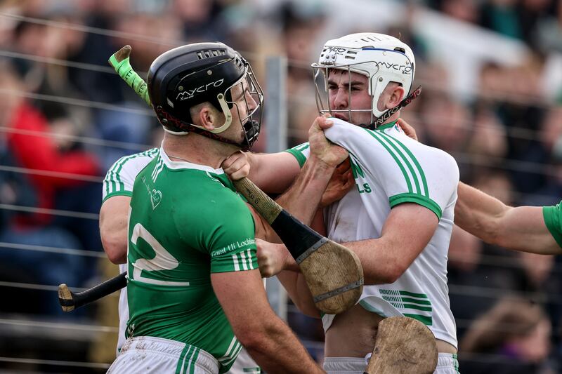 Tempers flare between O’Loughlin Gaels' Conor Heary and Dara Mason of Ballyhale Shamrocks during the Kilkenny SHC Final. Photograph: Ben Brady/Inpho