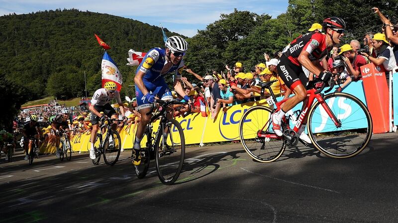 In action with Richie Porte and Chris  Froome on the final climb at La Planche Des Belles Filles. Photograph:  Chris Graythen/Getty Images