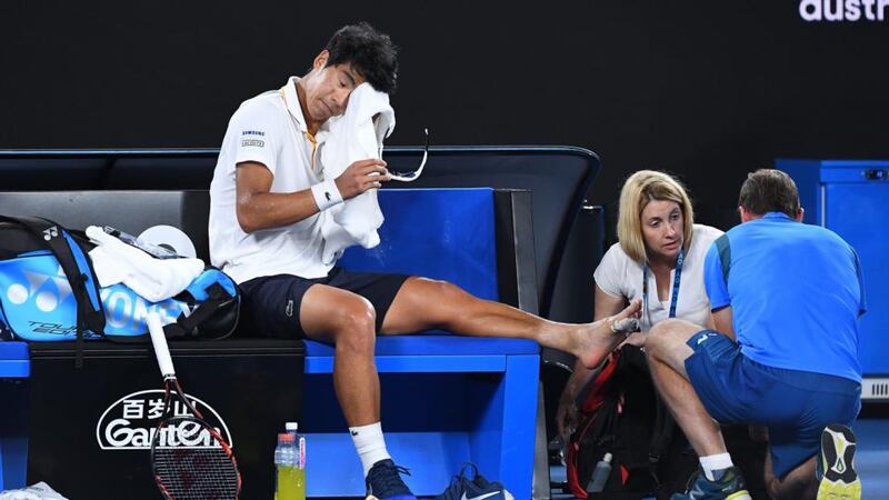 Hyeon Chung was forced to retire in the second set of his Australian Open final against Roger Federer. Photograph: Quinn Rooney/Getty