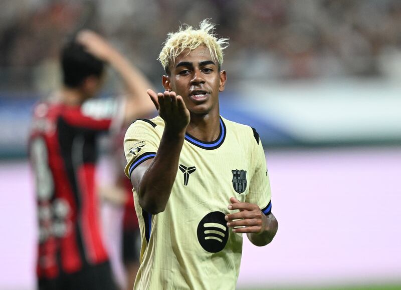 FC Barcelona's Lamine Yamal celebrates during preseason match. Photograph: Jung Yeon-Je/AFP via Getty