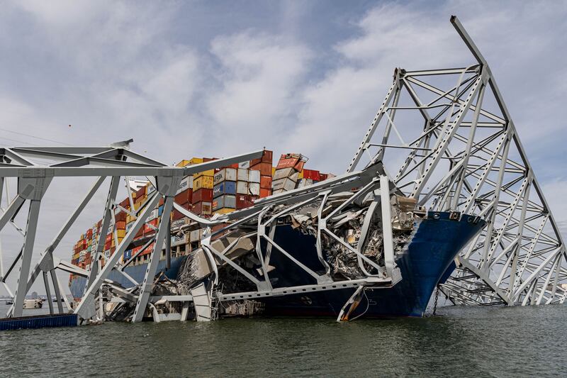Why Bridges Collapse: The Baltimore Disaster. MV Dali with fallen wreckage of the Francis Scott Key Bridge. Photograph: David Adams/DVIDS/BBC
