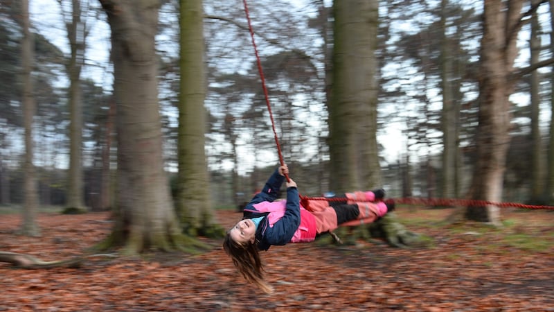 Maebh has a swing at the  Phoenix Forest School. Photograph: Dara Mac Dónaill / The Irish Times