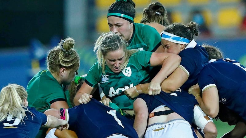 Ireland’s Sam Monaghan and Nichola Fryday in a maul during the game against Scotland in Parma. Photograph: Matteo Ciambelli/Inpho