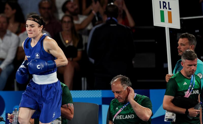 Ireland’s Kellie Harrington makes her entrance. Photograph: Ryan Byrne/Inpho