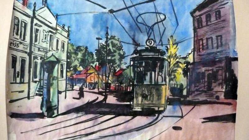 This handout photo provided by the Lost Art Koordinierungsstelle Magdeburg, the German government agency charged with documenting and ascertaining the origins of artworks appropriated by the Nazis between 1933 and 1945, shows the work Street Tram by Bernhard Kretschmar.