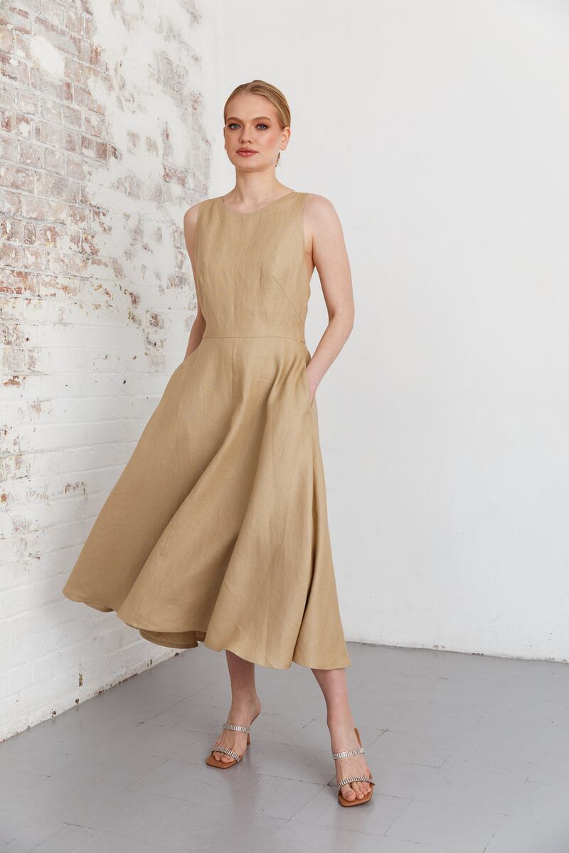 Low back Irish linen dress with full skirt, pockets €325