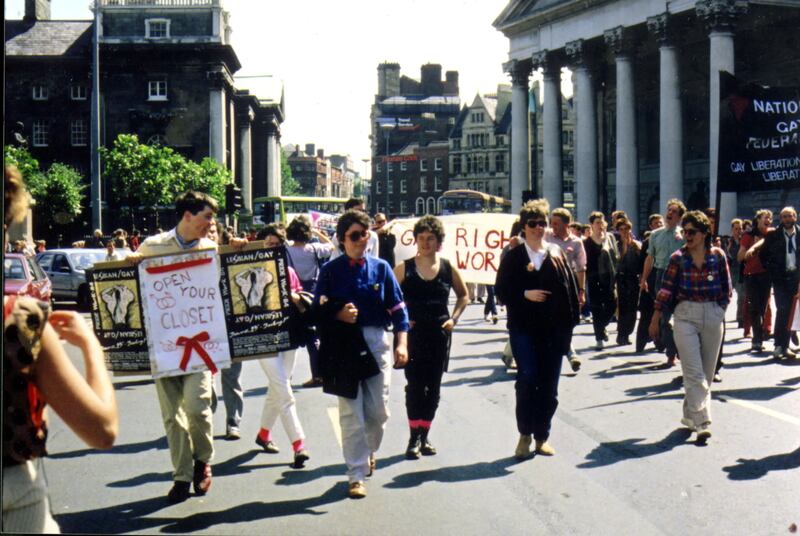 A Pride parade in Westmoreland Street, Dublin in 1984. Photograph: Kieran Rose collection