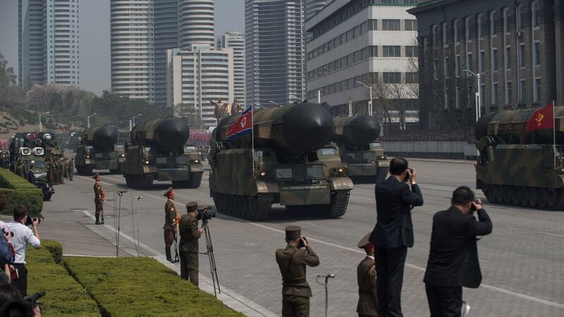 Unidentified Korean People’s Army  rockets displayed during Saturday’s military parade in Pyongyang. Photograph: Ed Jones/AFP/Getty Images