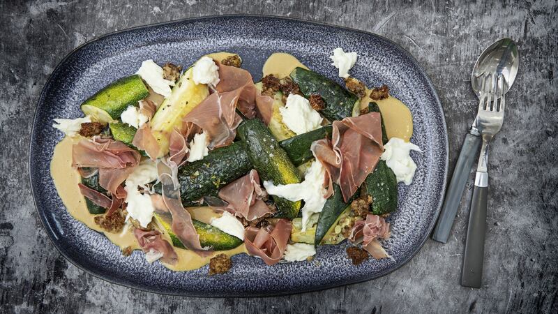 Roasted courgettes with burrata, umami dressing and serrano ham. Photograph: Harry Weir