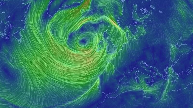 A screengrab of an interactive map of winds in the North Atlantic available at eath.nullschool.net