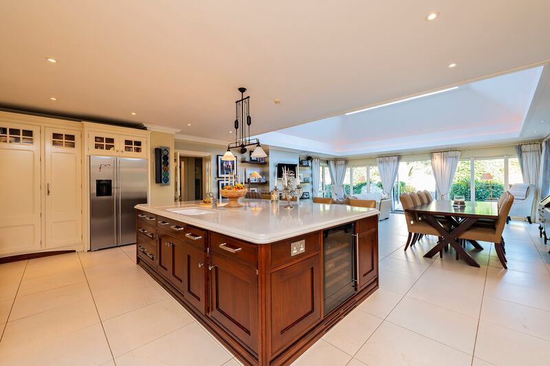 Kitchen with living space in the background.