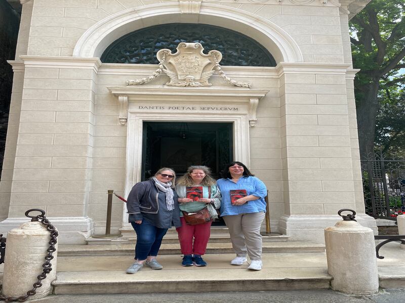 Poets Maria McManus, Nessa O'Mahony and Siobhán Campbell at Dante's tomb in Ravenna, May 2022.