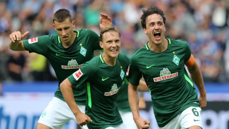 Delaney celebrates after scoring for Werder Bremen in a recent clash with Hertha Berlin. Photo: Matthias Kern/Bongarts/Getty Images