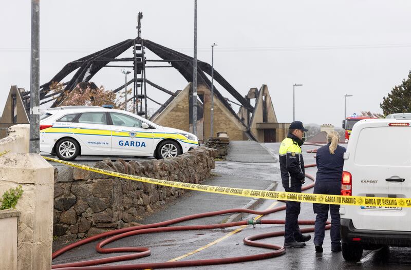 Gardai cordon off the charred remains of St Mary’s Church in Derrybeg, Co. Donegal after a fire broke out. Photo: Joe Dunne 
