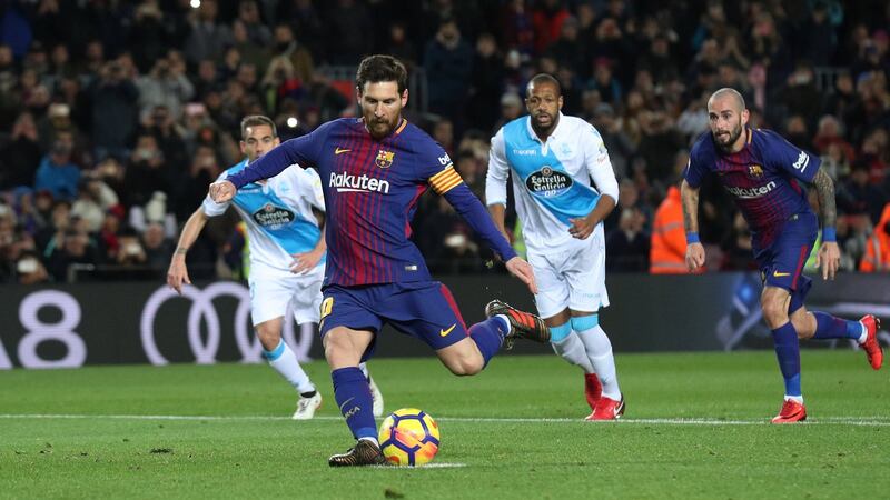 Barcelona’s Lionel Messi misses a penalty in the La Liga game against   Deportivo de La Coruna  at the Nou Camp. Photograph: Albert Gea/Reuters