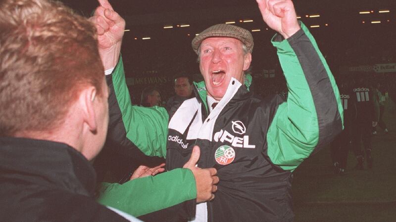 Jack Charlton goads the hostile Windsor park Crowd after the match. Photograph: Pacemaker