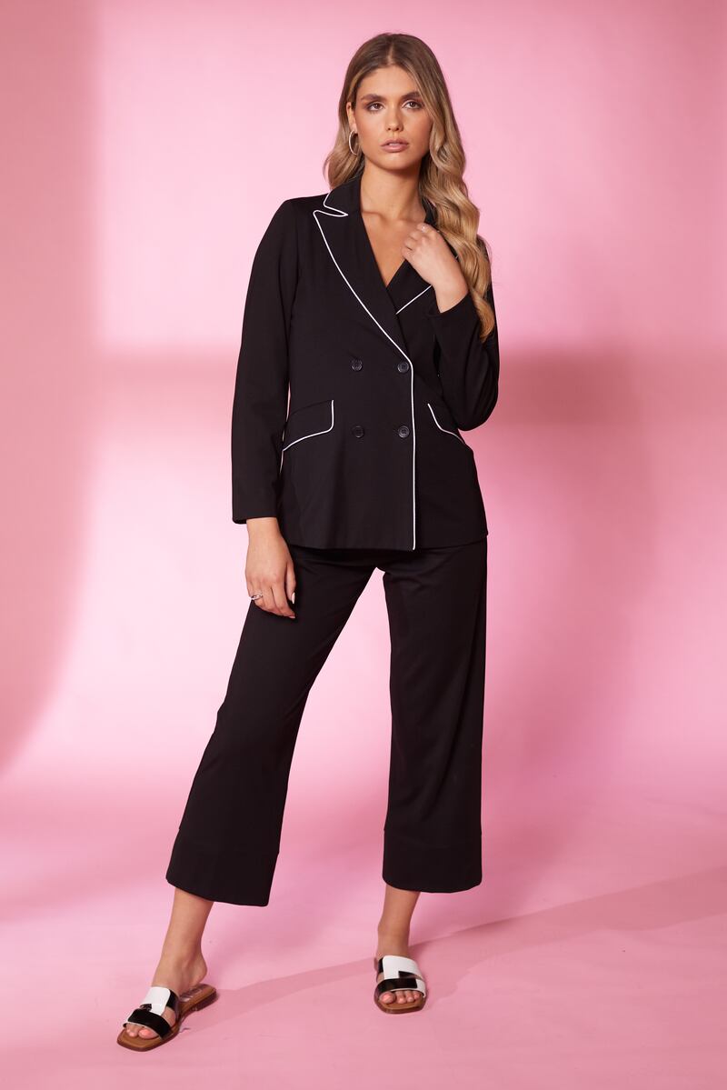 Kate Cooper jacket with contrast piping, €198; matching trousers, €98. From stockists and online