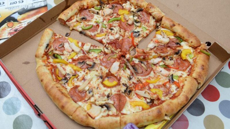 Pizza Hut’s hotdog stuffed-crust pizza. Photograph: Dara Mac Dónaill