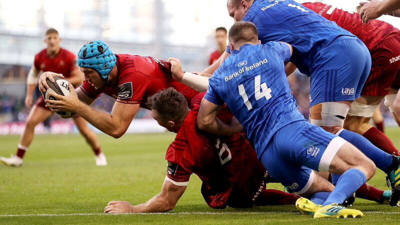 Munster’s Tadhg Beirne scores a try during the Guinness Pro 14 game at the  Aviva Stadium. Photograph: Bryan Keane/Inpho