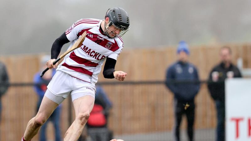 Slaughtneil’s Brendan Rogers celebrates scoring a goal in the AIB Ulster Club SHC Final at Corrigan Park in Belfast. Photograph: Bryan Keane/Inpho
