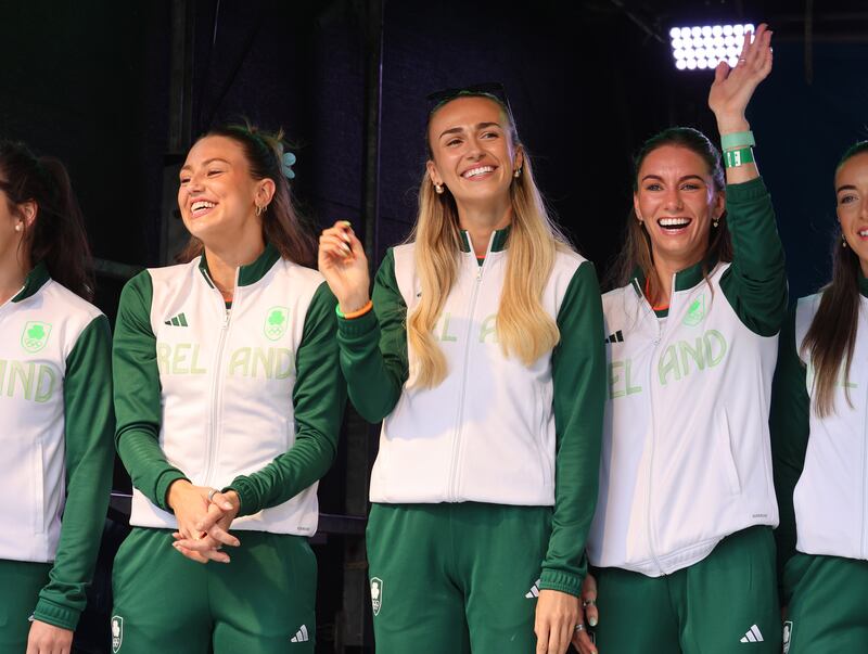 Sophie Becker, Sharlene Mawdsley and Kelly McGrory onstage for the homecoming event. Photograph: Dara Mac Dónaill