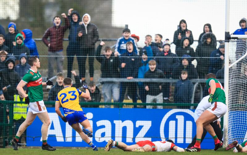 Roscommon's Conor Cox scores a goal against Mayo in the league game at Dr Hyde Park. Mayo were eight up in the 50th minute but still needed a goal-line clearance in injury-time to get out with a win. Photograph: Evan Treacy/Inpho 