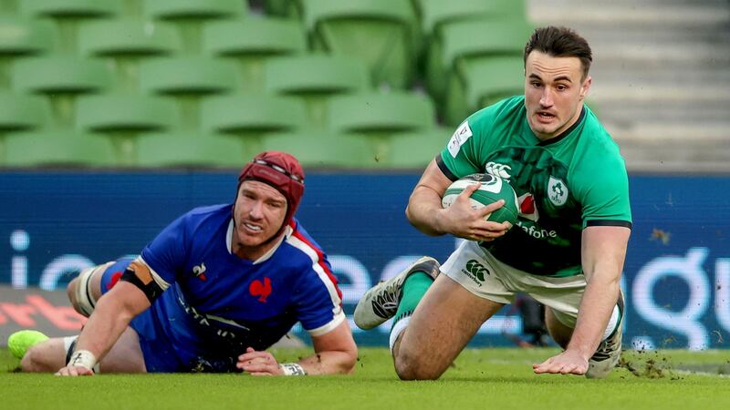 Rónan Kelleher dives to score during Ireland’s defeat to France. Photograph: Dan Sheridan/Inpho
