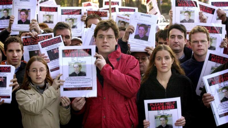 Trevor Deely’s siblings (front from left) Pamela, Mark and Michele Deely are joined by friends and family members in Dublin early in January 2001. Photograph: Bryan O’Brien