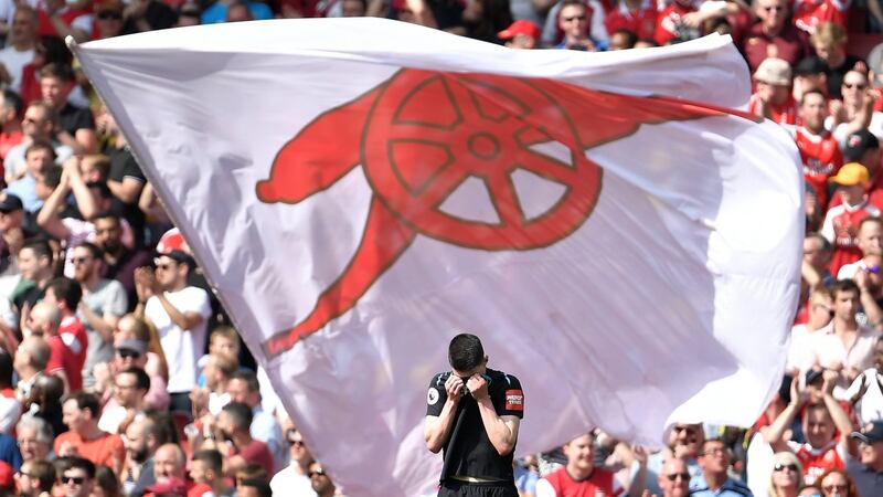 A dejected West Ham defender Declan Rice after Aaron Ramsey scored Arsenal’s second goal in the Premier League at the Emirates Stadium. Photograph:   Toby Melville/Reuters