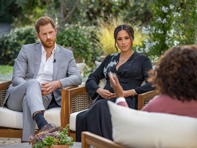 US-based: Harry and Meghan talk to Oprah Winfrey in California in March. Photograph: Joe Pugliese/Harpo Productions via AP