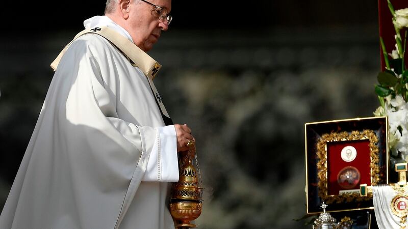 Pope Francis presides over a canonisation ceremony in St Peter’s Square at the Vatican for Pope Paul VI and the martyred Salvadoran Archbishop Oscar Romero. Photograph: Getty