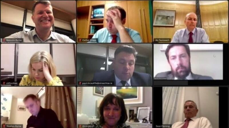 In the wake of Fianna Fáil infighting over leaks to the media, one party prankster circulated a photoshopped screen grab from its parliamentary party meeting to include Irish Examiner political editor Daniel McConnell (middle row, right)