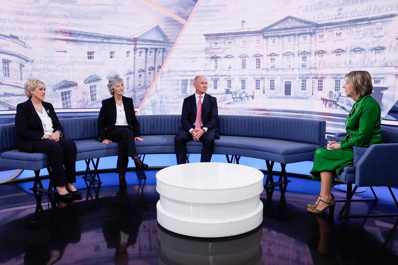 Presidential candidates (left to right) Heather Humphreys, Catherine Connolly and Jim Gavin with presenter Aine Lawlor during the debate. Photograph: Conor O'Mearain/PA Wire

