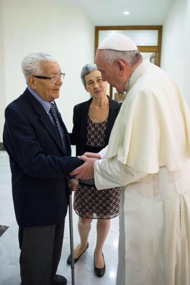 Holocaust survivor and Roman-born Jew Enzo Camerino meeting Pope Francis in Rome in 2013 on the 70th anniversary of the round-up of the city's Jewish population by the Nazi occupiers.