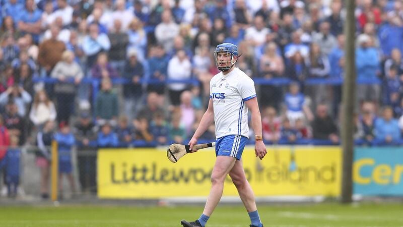 Waterford’s Austin Gleeson leaving the pitch after he was sent off against Cork in the Munster championship match at Walsh Park Photograph: Ken Sutton/Inpho