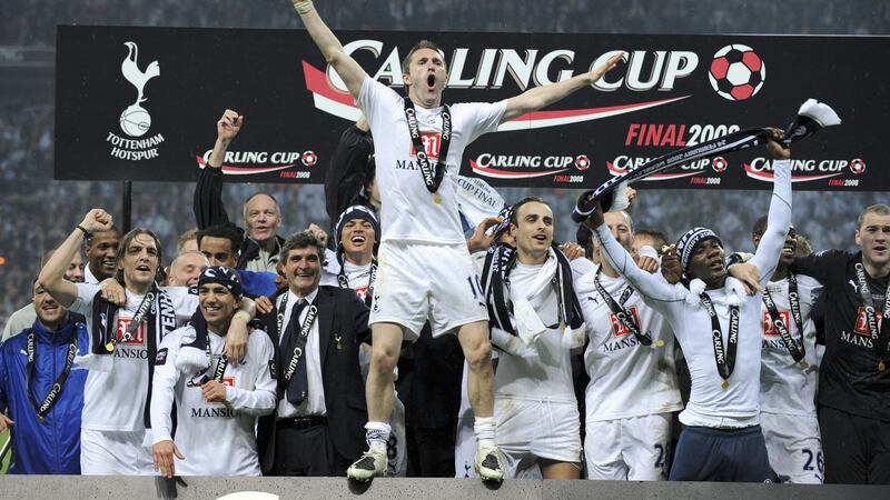 Keane celebrates after winning the League Cup with Spurs in 2008. Photo: Popperfoto/Getty Images