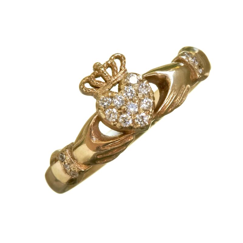 A nine-carat gold Claddagh ring with .20-carat natural diamonds (€680) from Carol Clarke