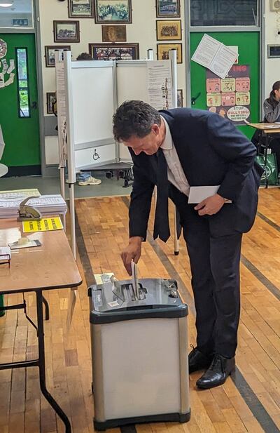 Green party leader Eamon Ryan voting at Muslim National School in Clonskeagh, Dublin. Photograph: Cillian Sherlock/PA Wire