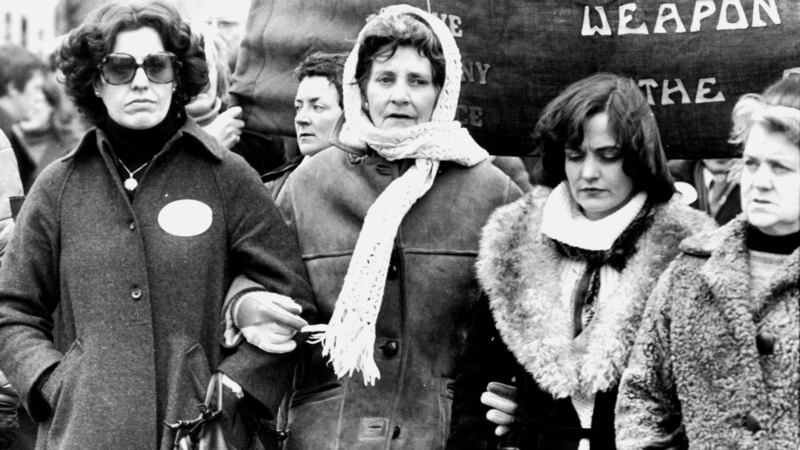 Betty Williams, Kate O’Callaghan of Limerick Peace Group and Mairéad Corrigan in a peace march in 1978. Photograph: Peter Thursfield