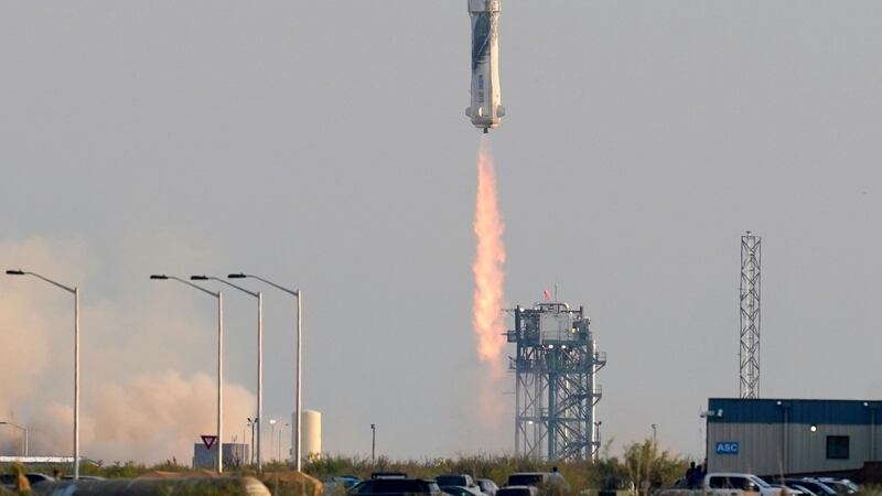 Blue Origin’s New Shepard rocket, with Jeff Bezos and three fellow passengers on board,  launches  from its spaceport near Van Horn, Texas. Photograph: Tony Gutierrez/AP