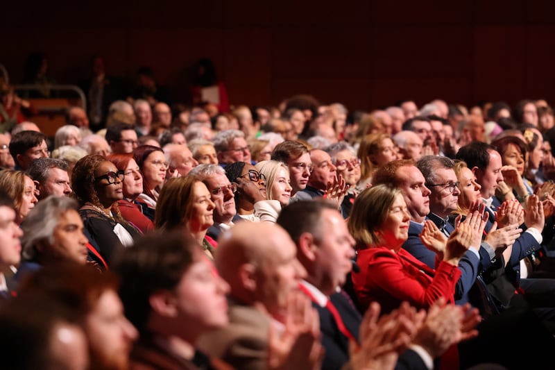 Delegates listen to Ivana Bacik delivering her leaders speech at the in the Helix, DCU. Photograph: Dara Mac Dónaill