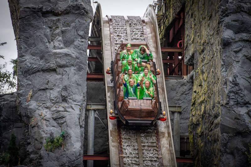 Entrants in last year's Rose of Tralee contest make a splash at Emerald Park, winner of the Guaranteed Irish Retail, Tourism and Hospitality award 2023. Photograph: Domnick Walsh/Eye Focus