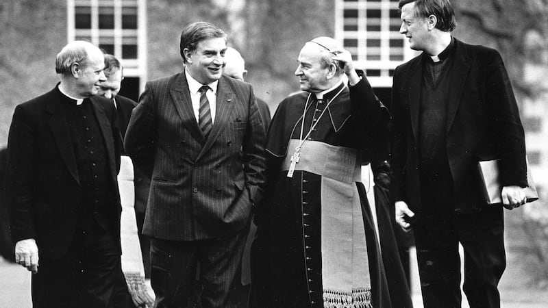 Pictured in 1990 (from left): Dr Dermot Clifford, Archbishop of Cashel and Emly; Peter Sutherland; Cardinal Tomás Ó Fiaich; and Monsignor Michael Ledwith, then president of the college. Photograph: Frank Miller