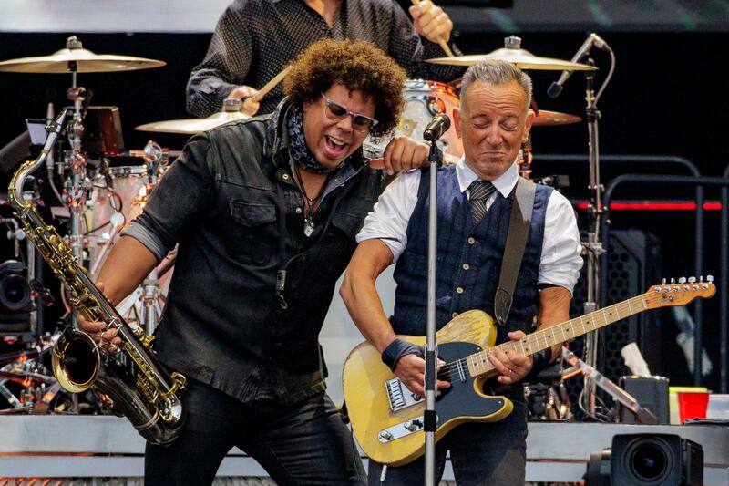 Jake Clemons and Bruce Springsteen on stage in Belfast. Photograph: Liam McBurney
