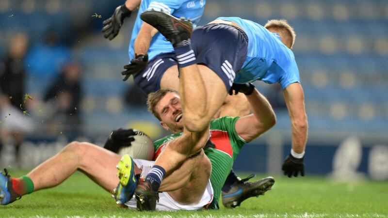 Johnny Cooper fouling Aidan O’Shea: Both in the semi-final and final the wily Cooper was caught isolated one-on-one and managed to foul his man without being sent to the sin-bin either time. Photograph: Dara MacDonaill/Inpho
