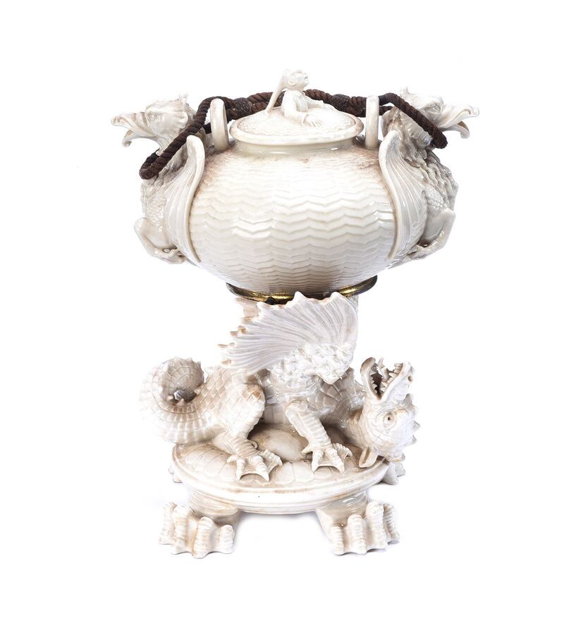 Rare Belleek second period Chinese tea urn