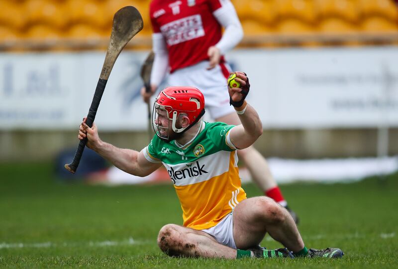 Offaly's Eimhin Kelly appeals to the referee. Photograph: Leah Scholes/Inpho
